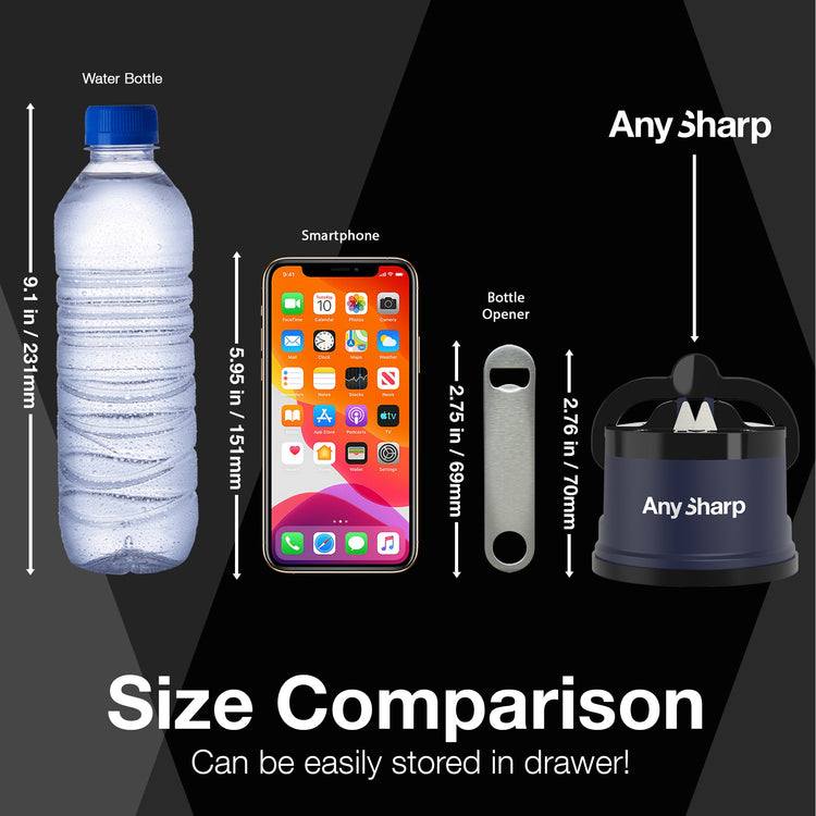 Size comparison chart with water bottle, smartphone, bottle opener, and AnySharp device on a black background.