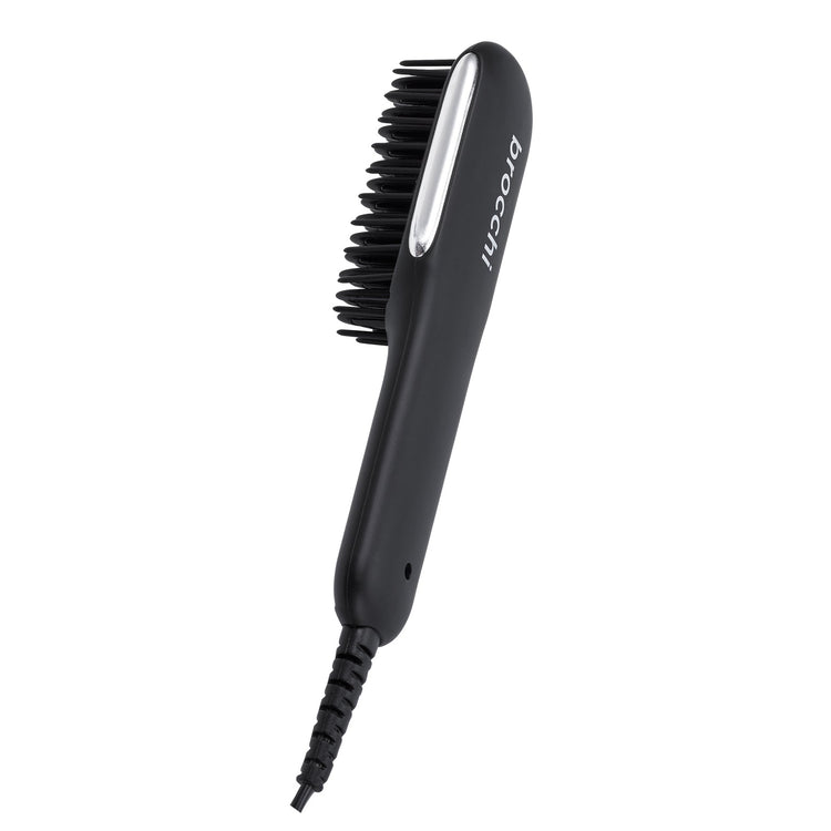 Black hair straightening brush with visible brand name on a white background