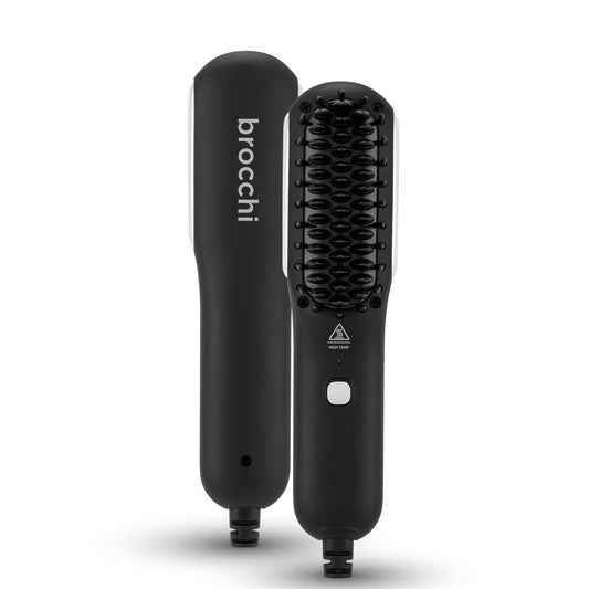 Black styling brush with LED indicator and packaging labeled 'brocchi' on a white background