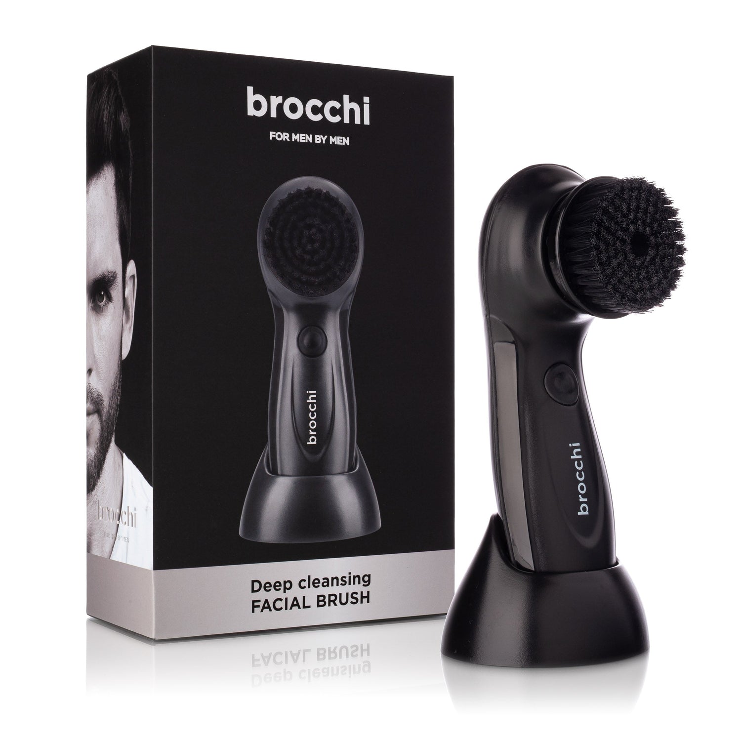 Black facial cleansing brush with packaging displaying 'brocchi' branding on a white background.