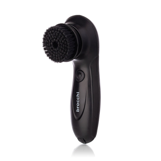 Black facial cleansing brush with packaging displaying 'brocchi' branding on a white background.
