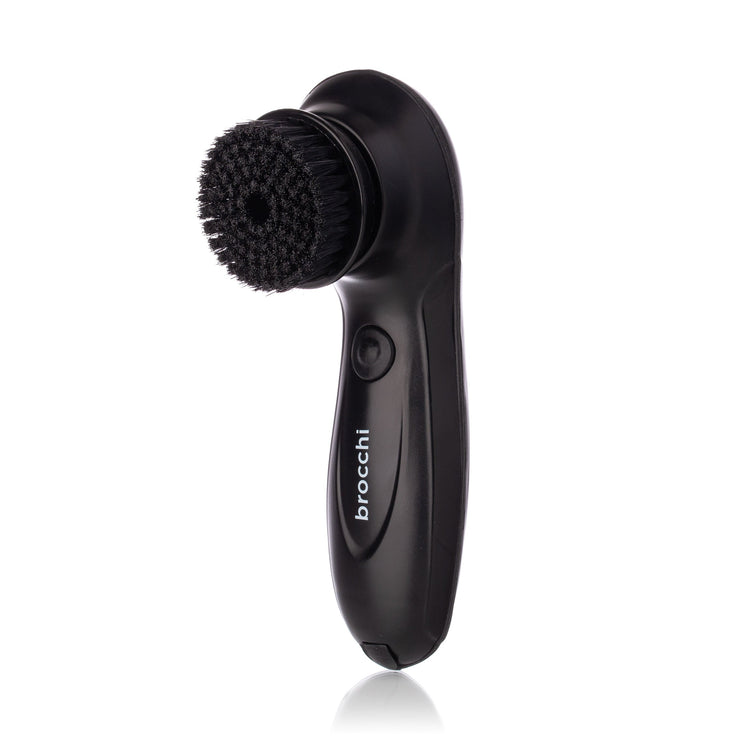 Black handheld scrubber with bristle head on a white background, featuring the brand 'brocchi'.