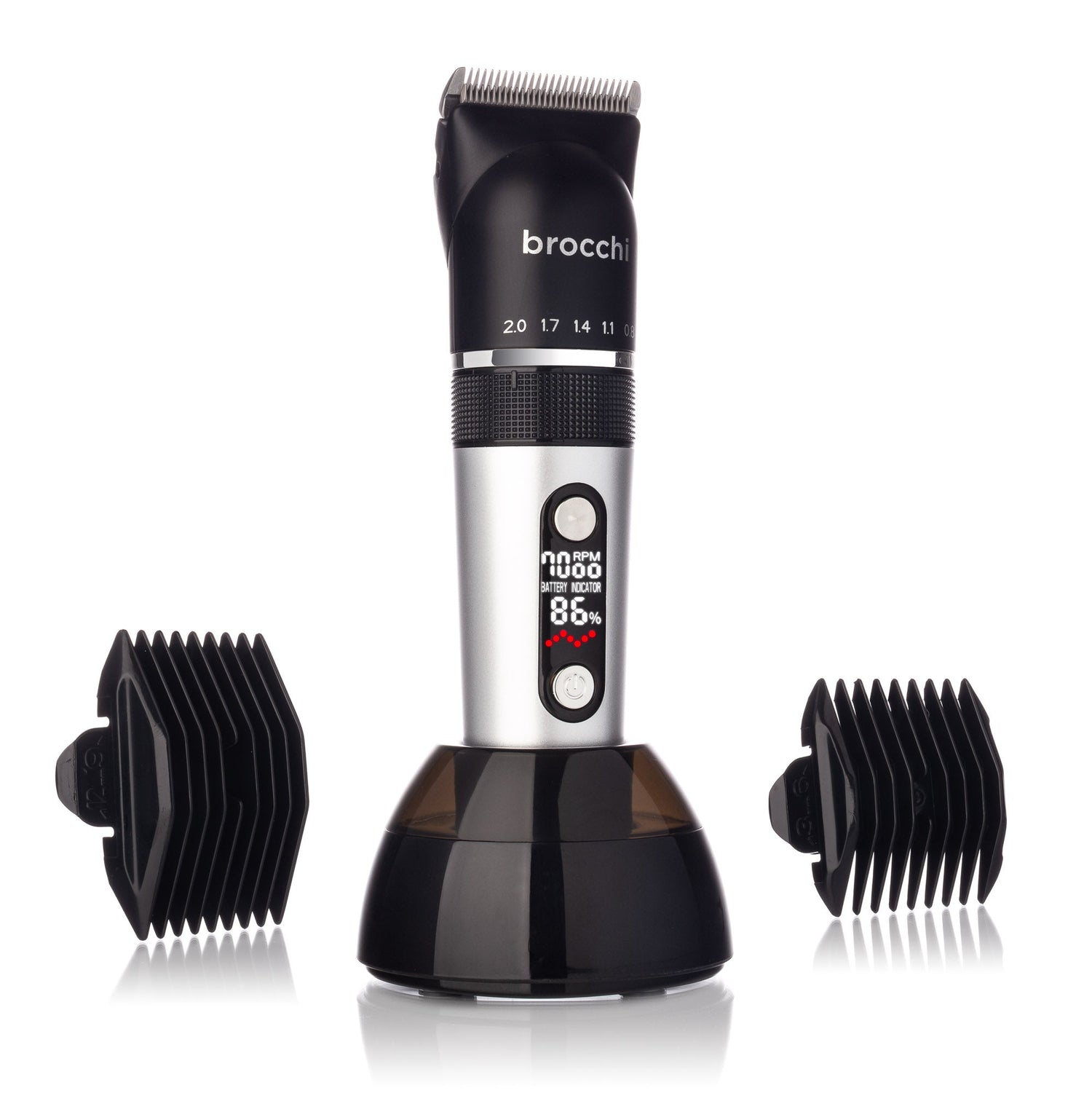 Hair trimmer with attachments on a white background, featuring the brand 'brocchi'.