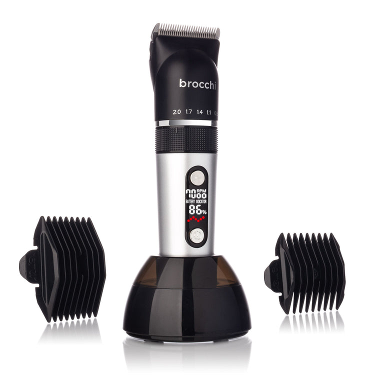 Hair trimmer with attachments on a white background, featuring the brand 'brocchi'.
