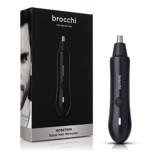 Black nasal hair remover with packaging displaying 'brocchi' brand on a white background