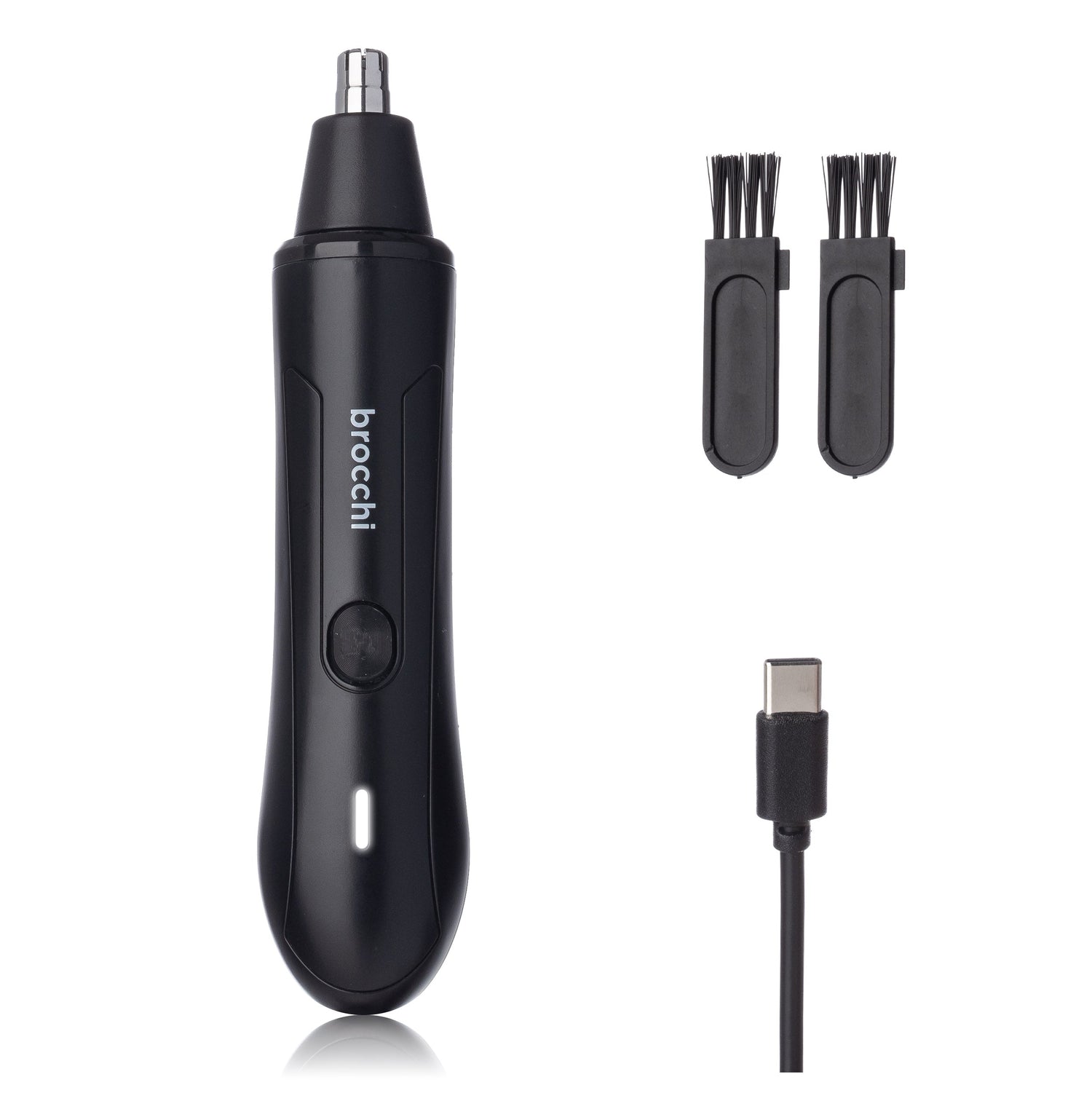 Black brocchi grooming tool with attachments on a white background