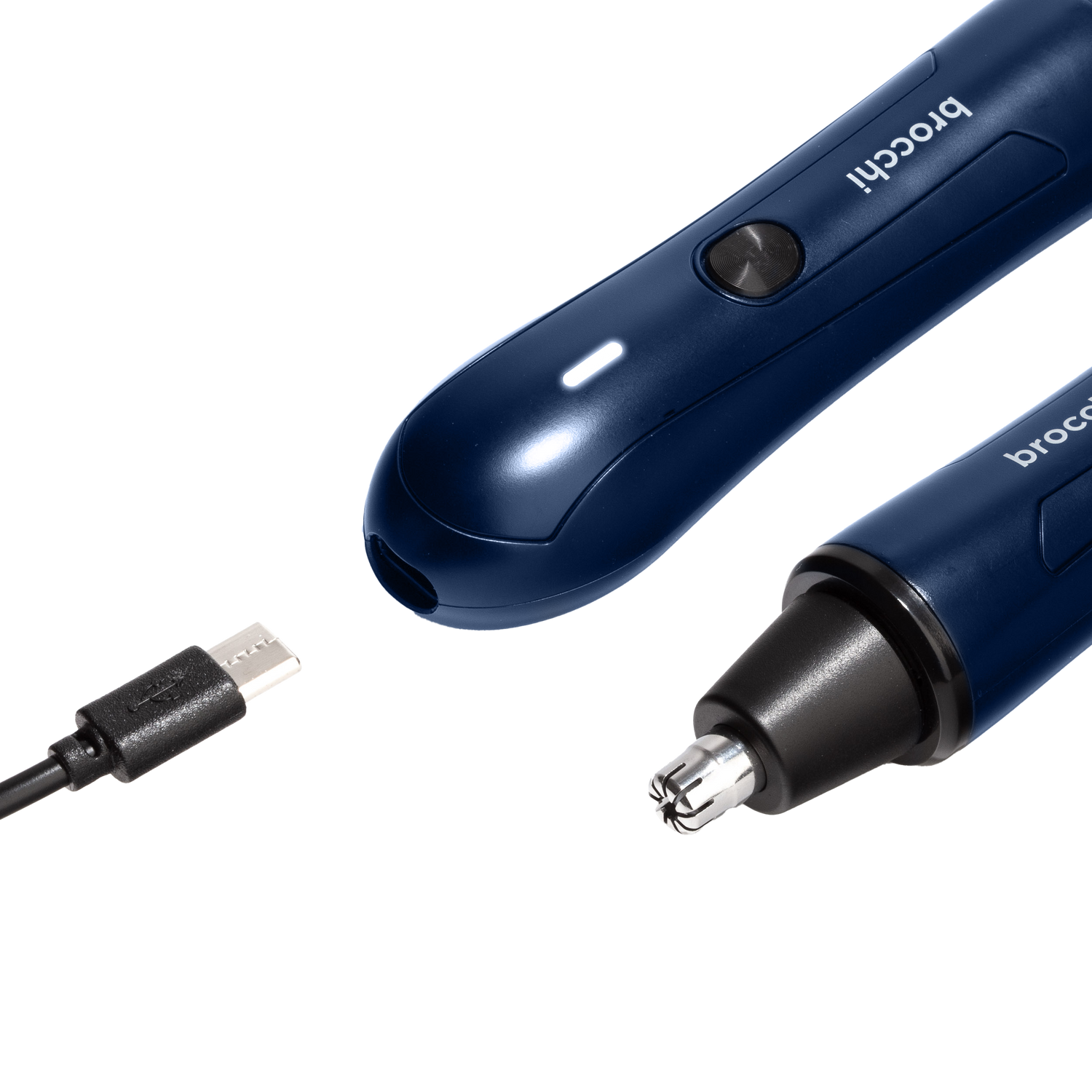 Blue electronic device with USB cable on a white background