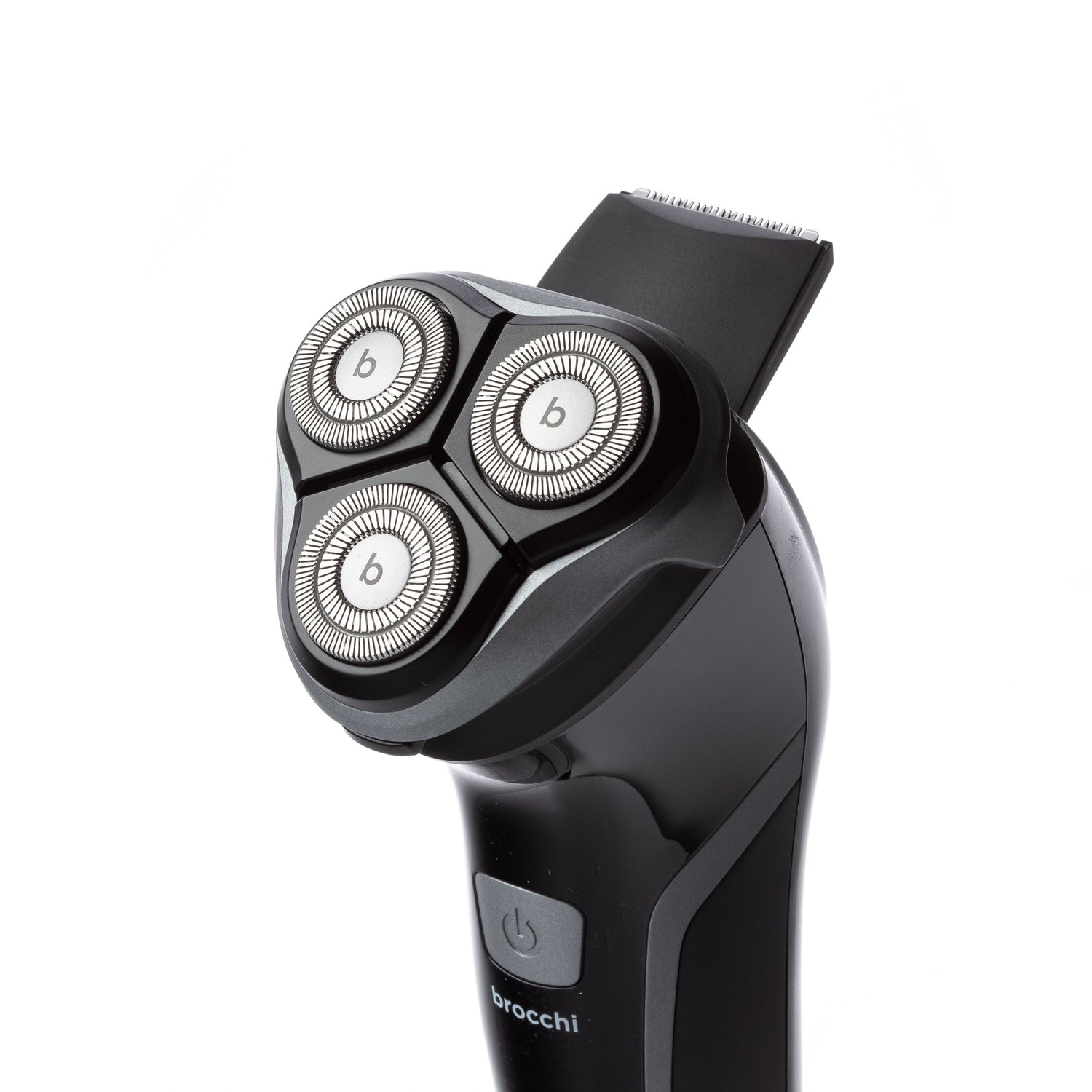 Black electric shaver with multiple heads on a white background