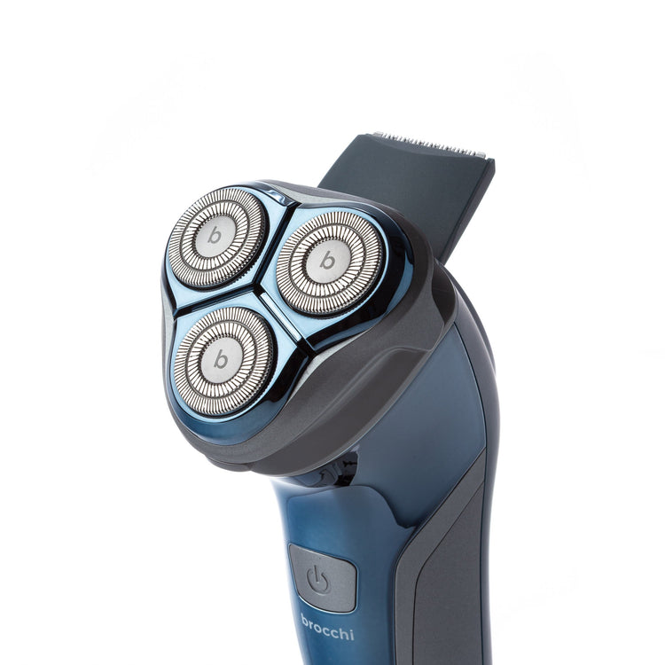 Blue and gray electric shaver on a white background