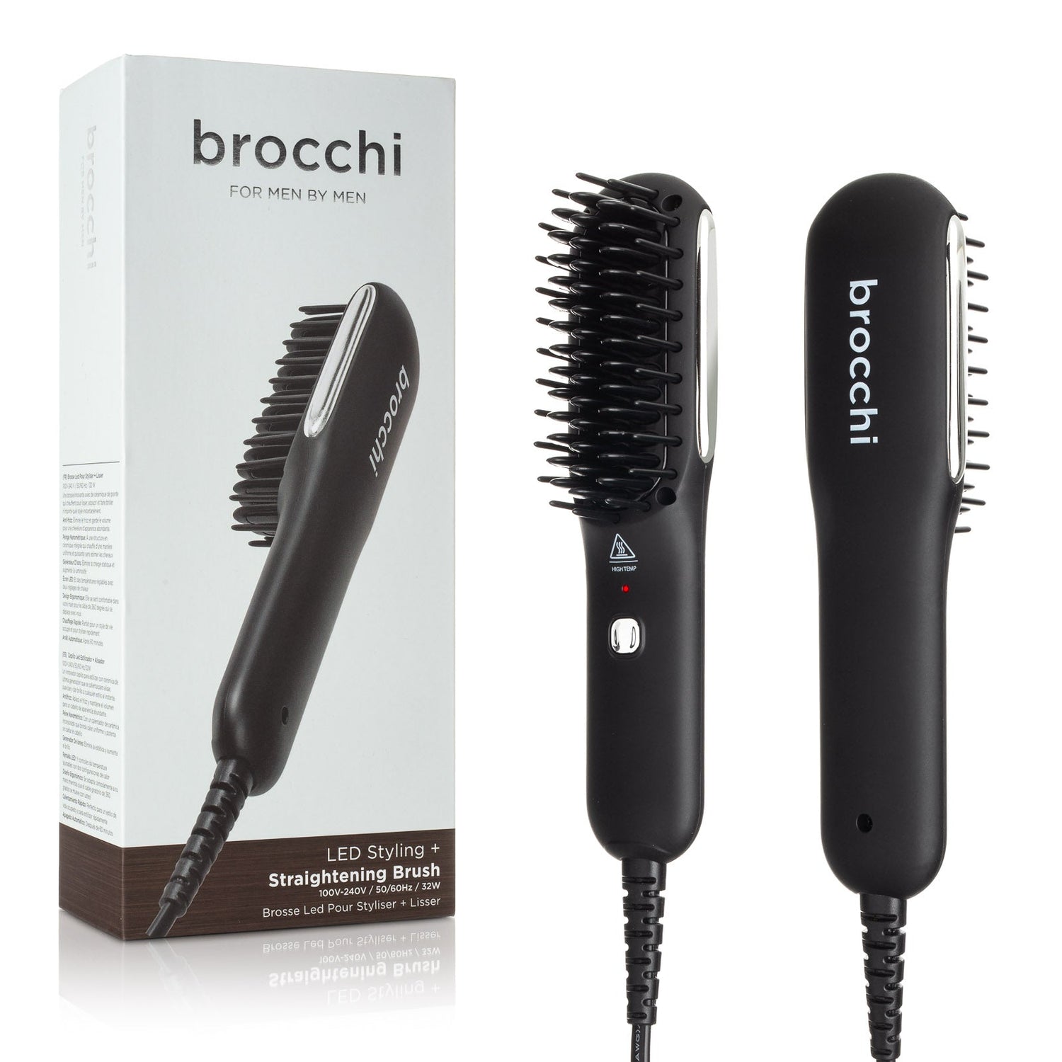 Black styling brush with LED indicator and packaging labeled 'brocchi' on a white background