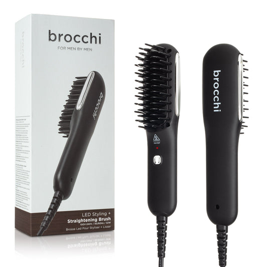 Black styling brush with LED indicator and packaging labeled 'brocchi' on a white background