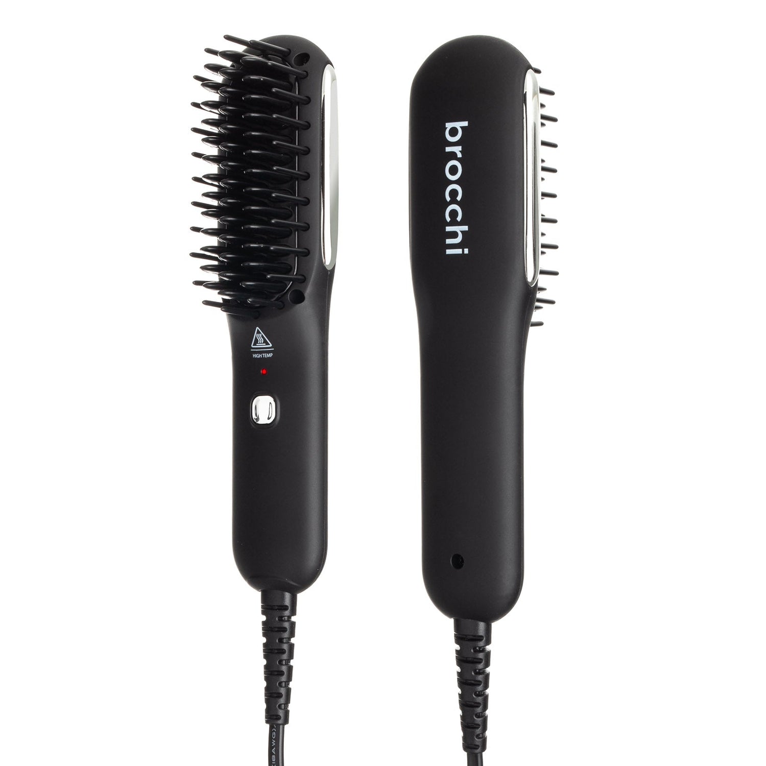 Black hairbrush with bristle head and smooth surface, featuring 'brocchi' branding on a white background.