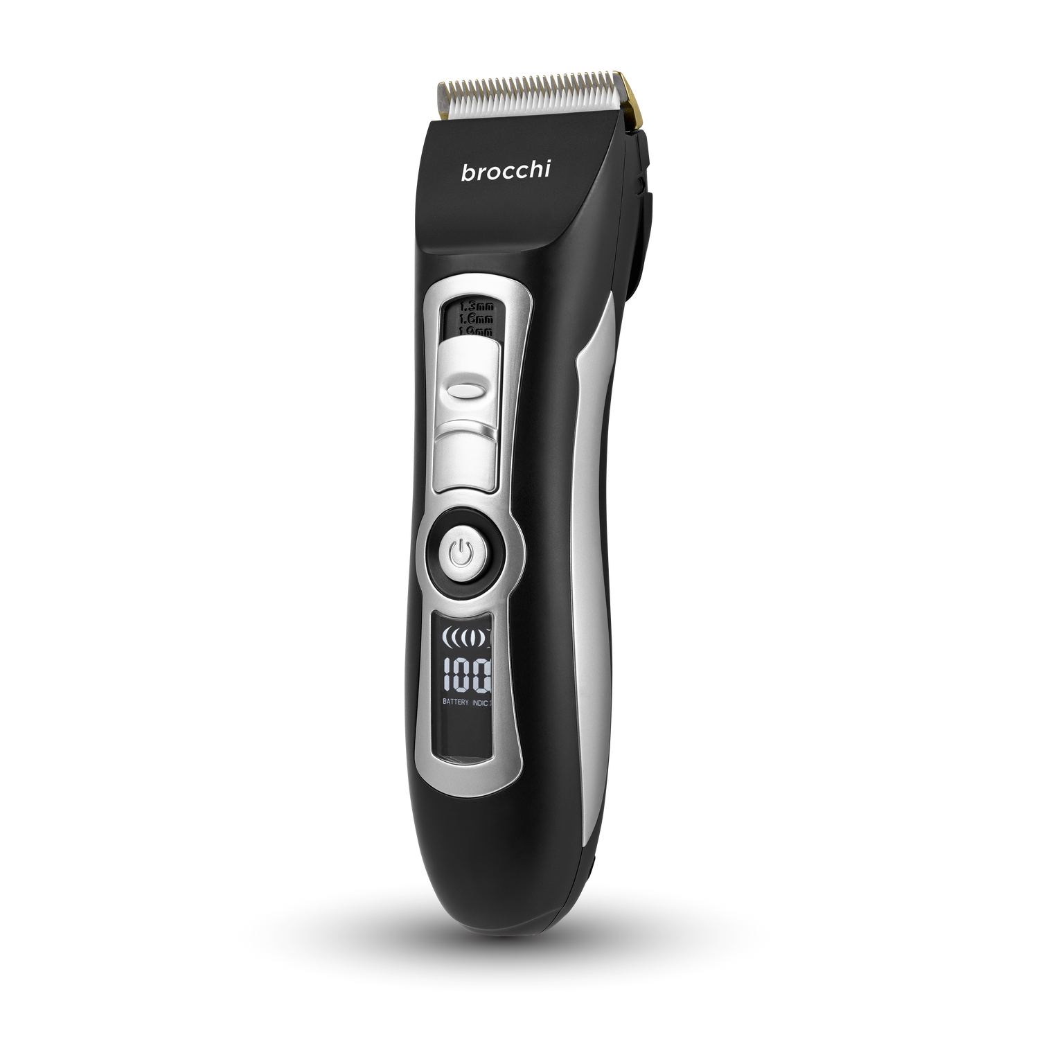 Black and silver hair clipper with digital display on a white background