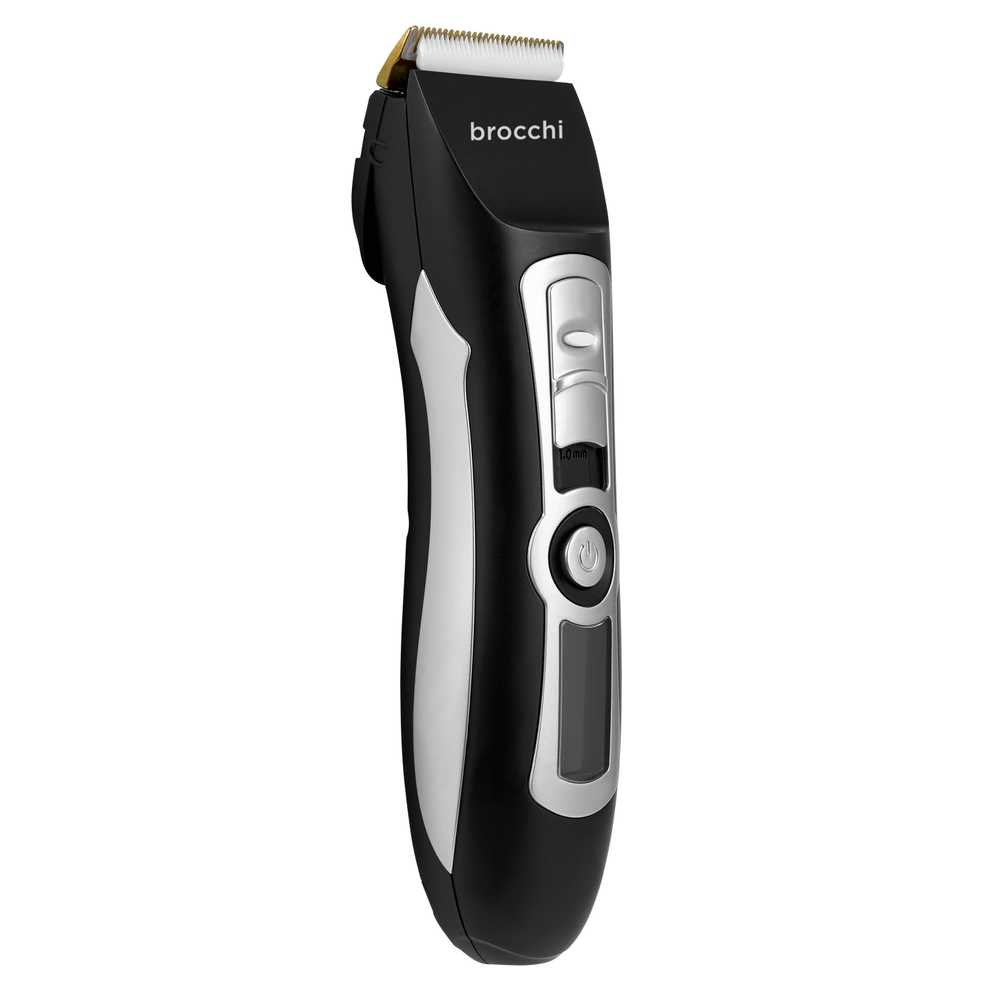Black and silver hair clipper with 'brocchi' branding on a white background