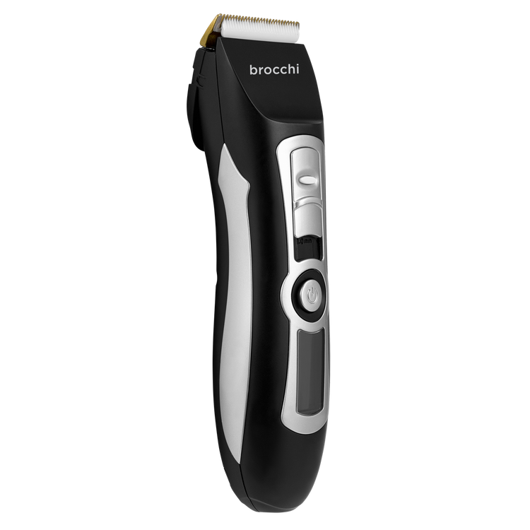 Black and silver hair clipper with 'brocchi' branding on a white background