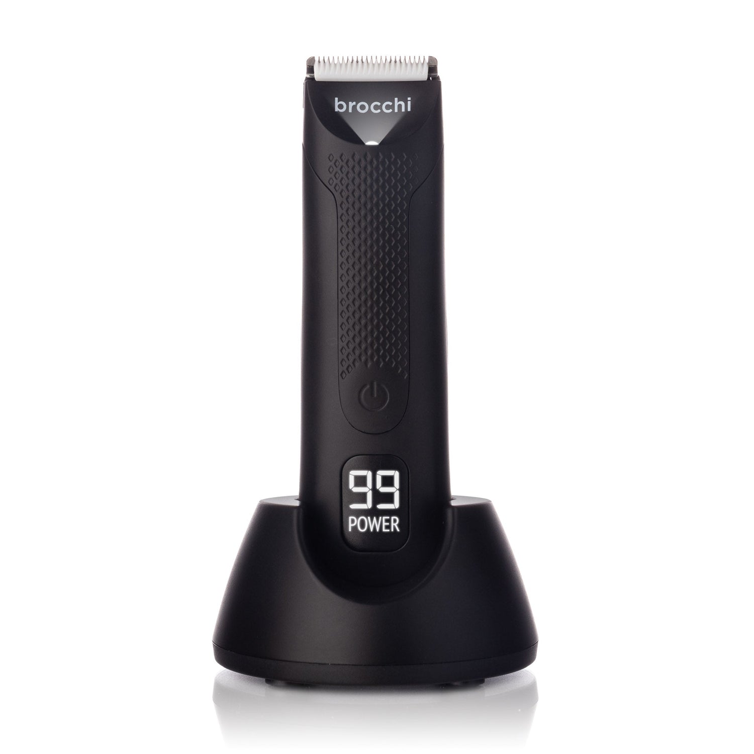 Black hair trimmer with digital display on a white background, branded 'brocchi'.