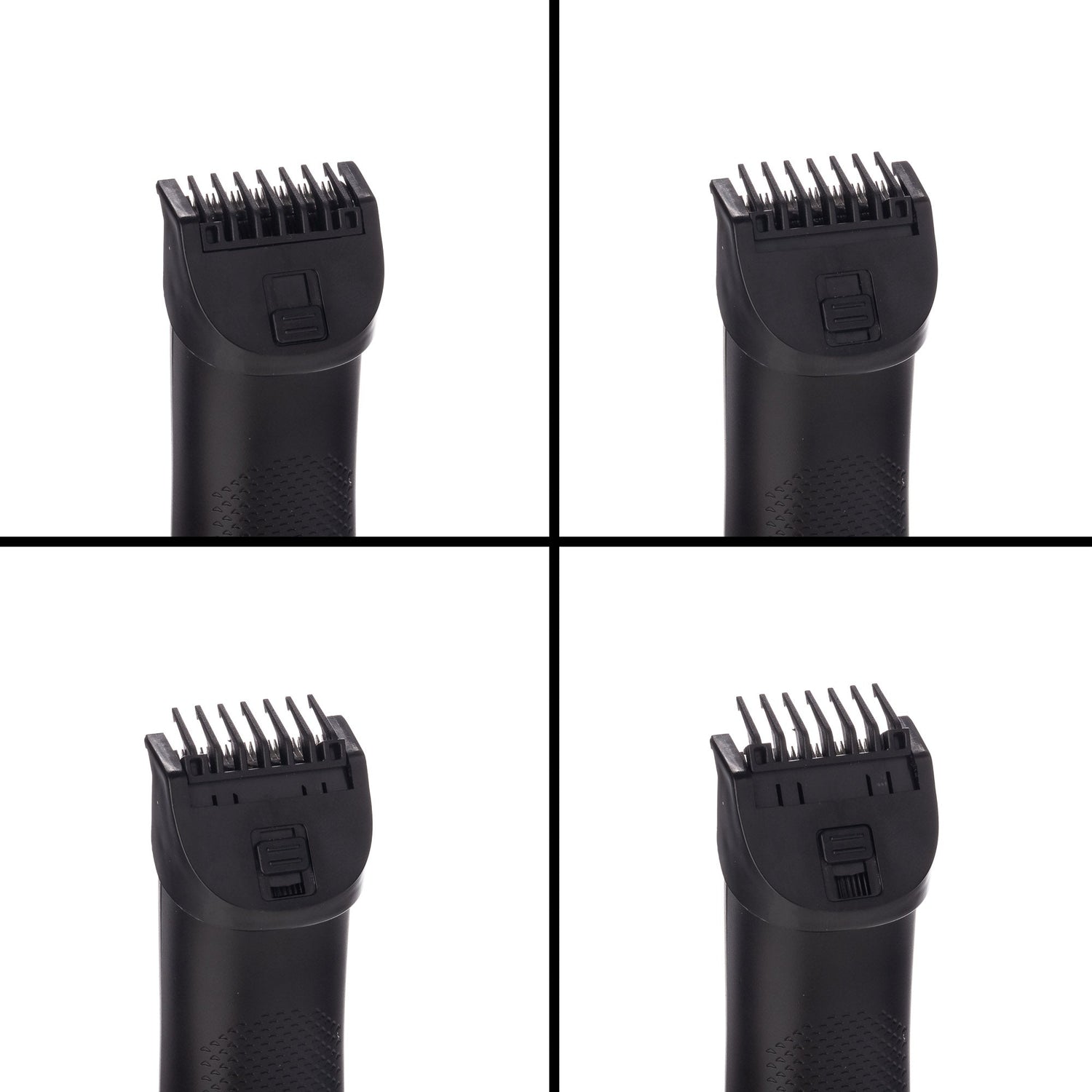Four different angles of a black grooming tool with comb attachment on a white background