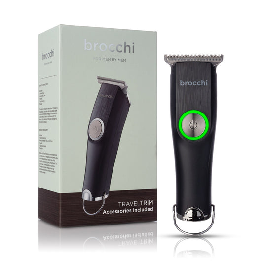 Black hair clipper with silver accents on a white background, branded 'brocchi'.