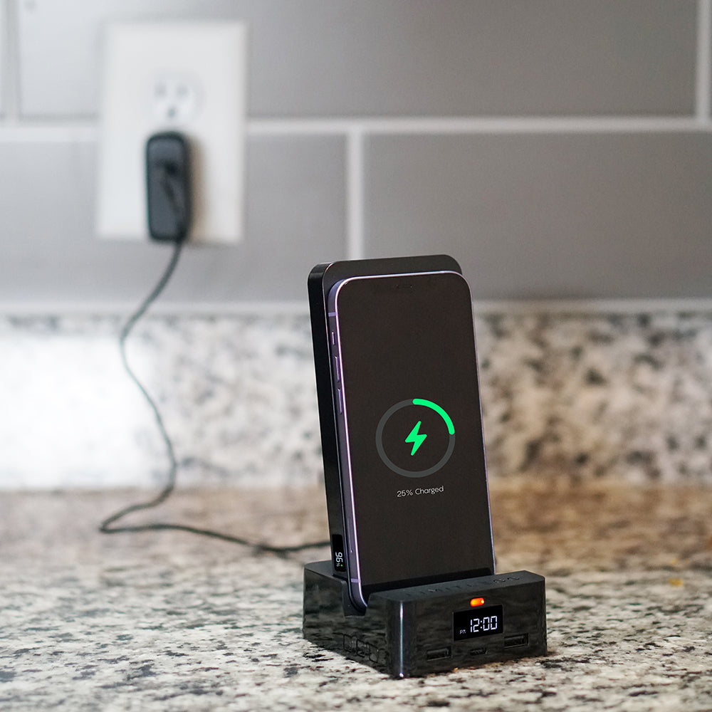 Wireless charging station with digital display on a countertop