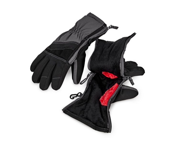 Black and gray gloves with red lining on a white background