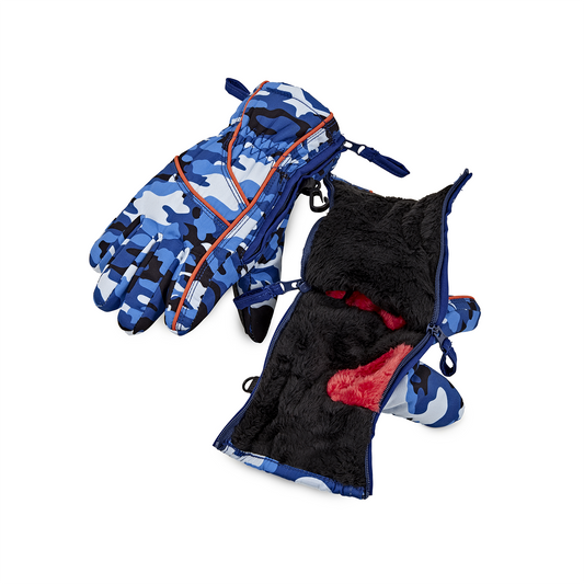 Blue camouflage gloves with black and gray accents on a white background