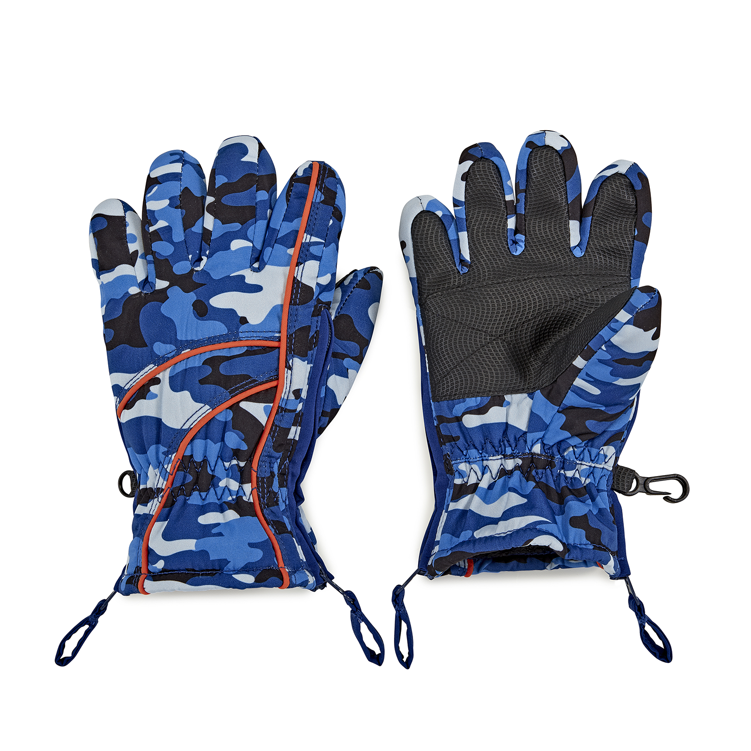 Blue camouflage gloves with black and gray accents on a white background