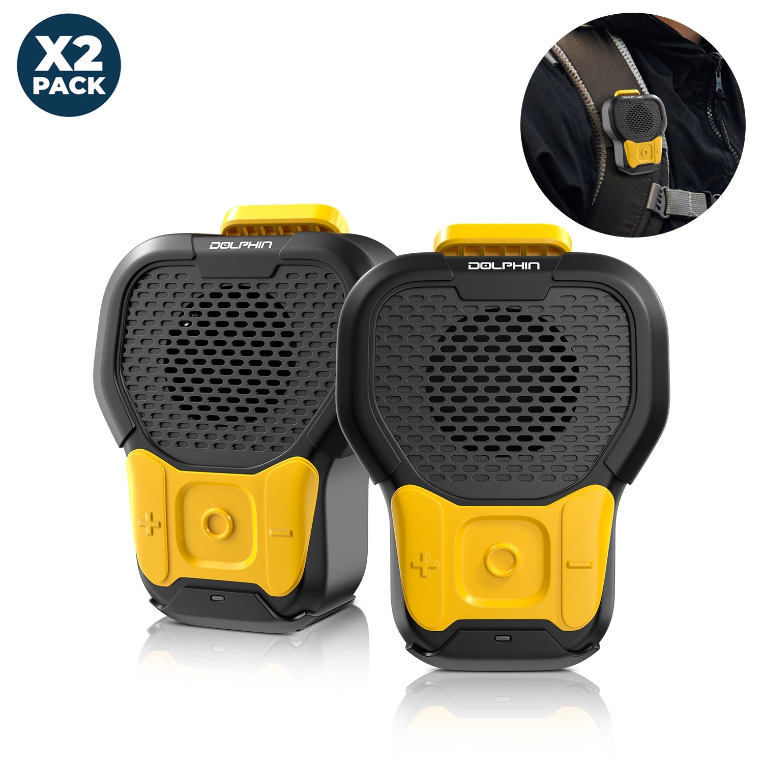 Two black and yellow electronic devices with a close-up inset showing a strap attachment on a white background.