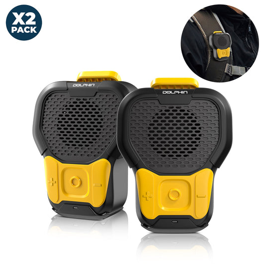 Two black and yellow electronic devices with a close-up inset showing a strap attachment on a white background.