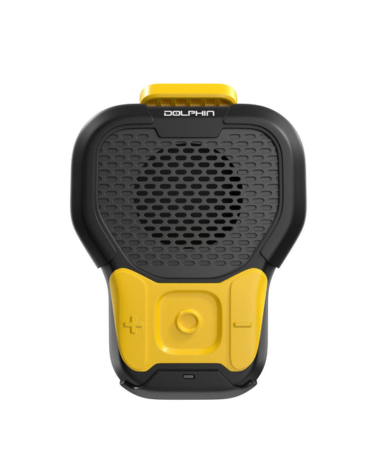 Two black and yellow electronic devices with a close-up inset showing a strap attachment on a white background.