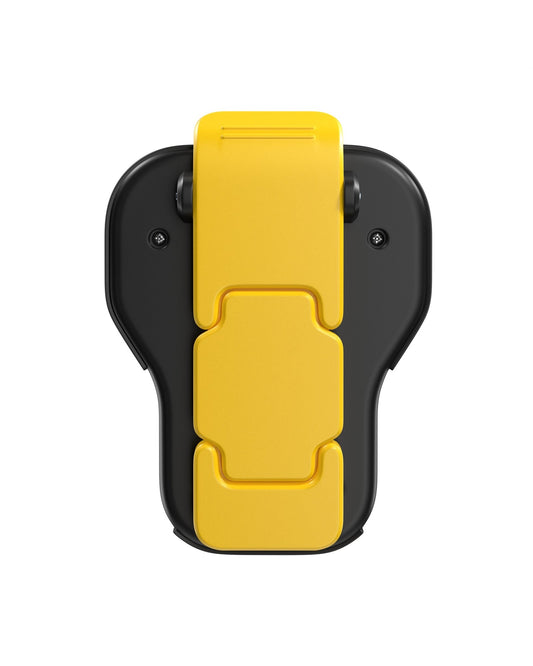 Two black and yellow electronic devices with a close-up inset showing a strap attachment on a white background.
