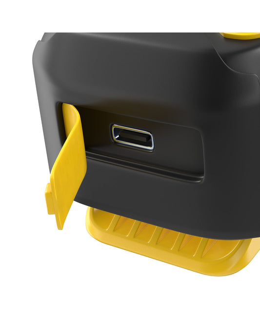 Two black and yellow electronic devices with a close-up inset showing a strap attachment on a white background.