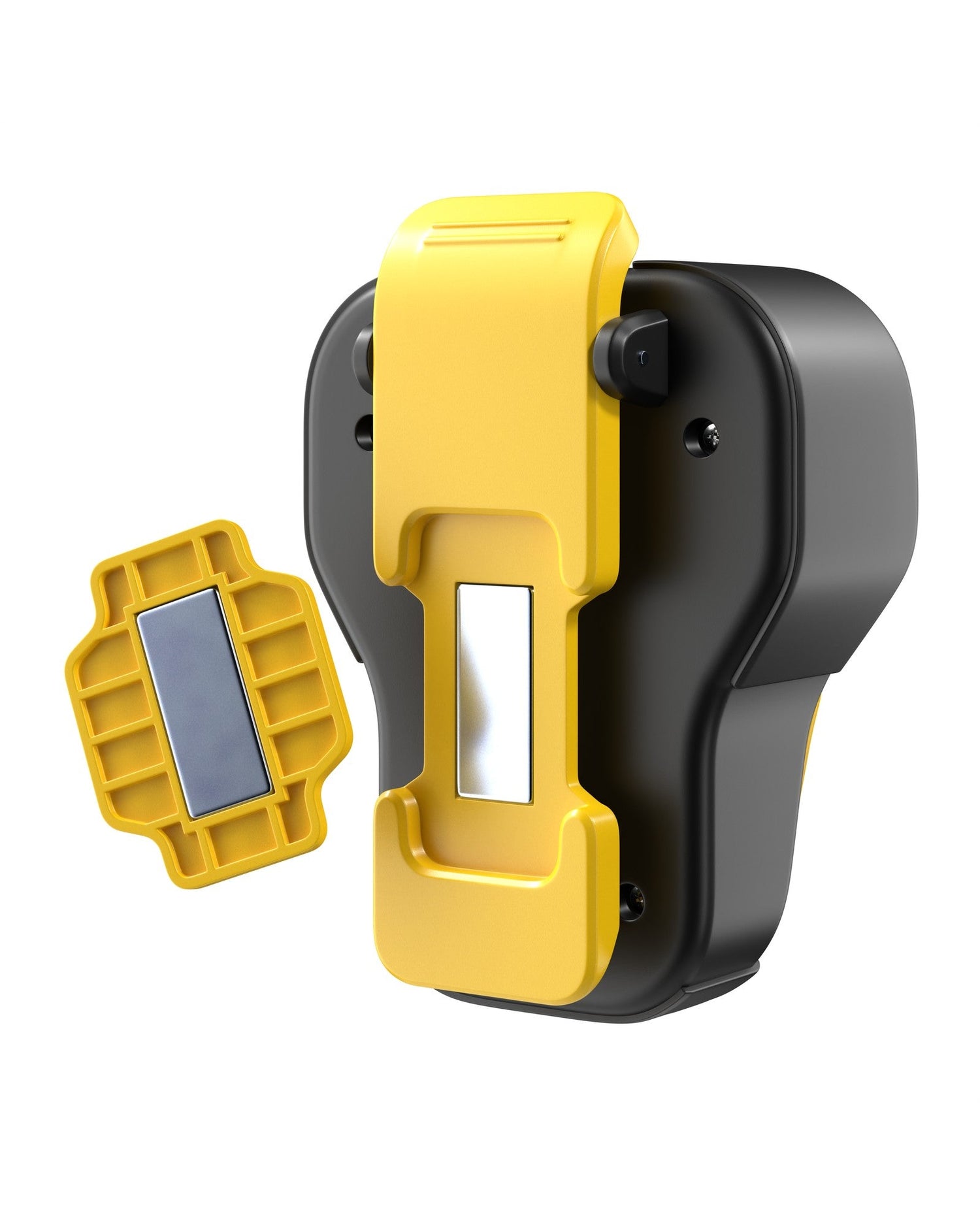 Yellow and black tool with a magnetic component on a white background