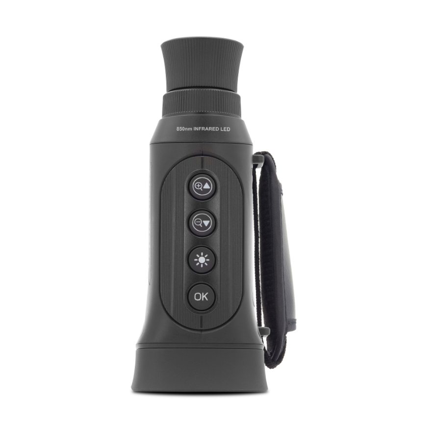 Black laser rangefinder with control buttons on a white background