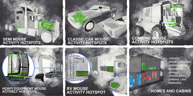 Illustrations of different types of equipment and vehicles with labeled 'activity hotspots' on a gray background.