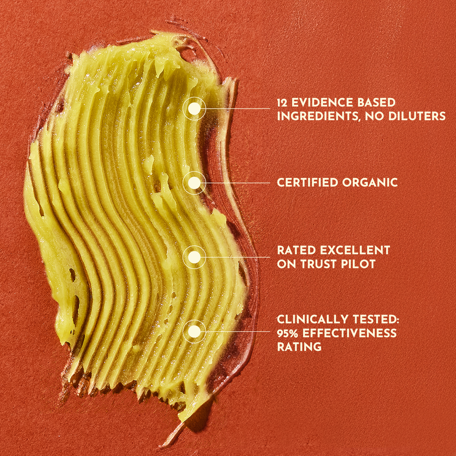 Yellow cream swatch on a red background with text highlighting product features.