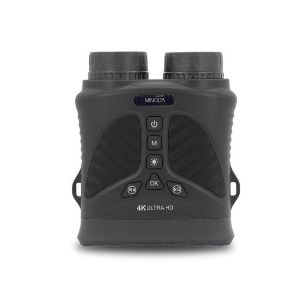 Black Minolta digital camera with buttons on a white background