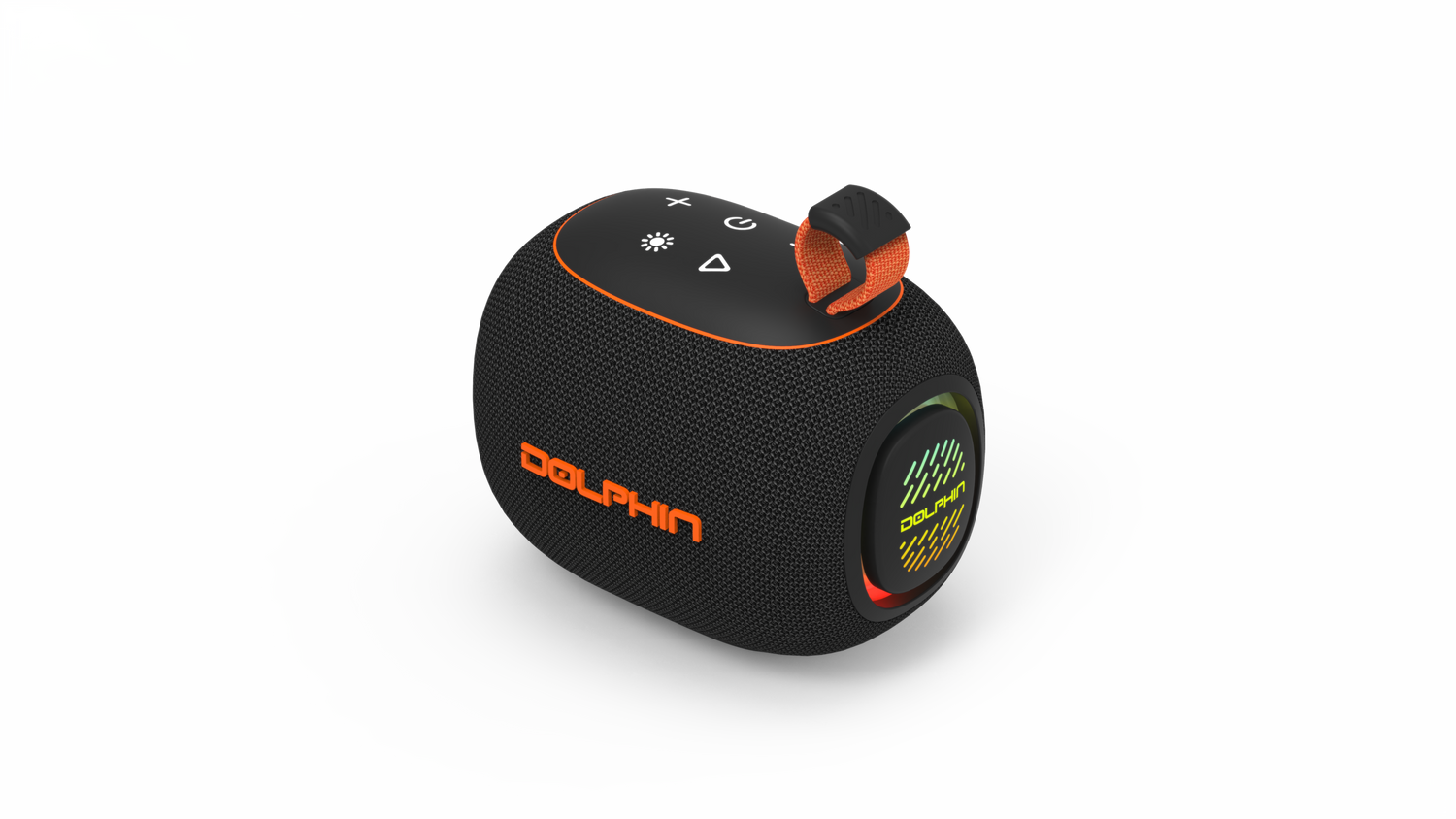 Black and orange Bluetooth speaker with 'Dolphin' branding on a white background