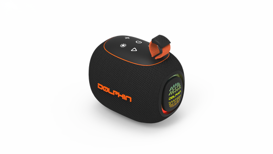 Black and orange Bluetooth speaker with 'Dolphin' branding on a white background