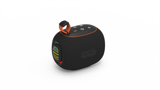 Black and orange Bluetooth speaker with 'Dolphin' branding on a white background