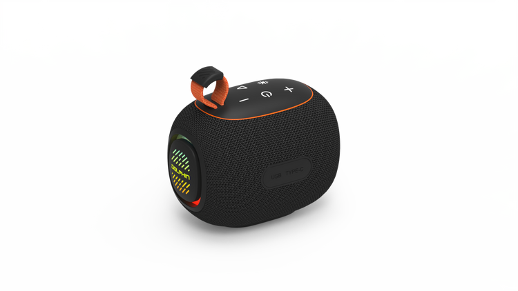 Black portable speaker with orange accents on a white background