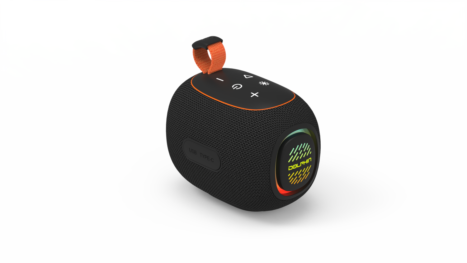 Black portable speaker with orange accents on a white background