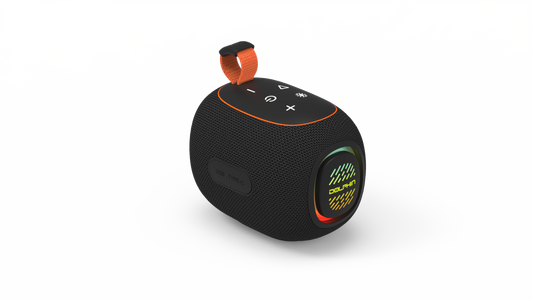 Black and orange Bluetooth speaker with 'Dolphin' branding on a white background