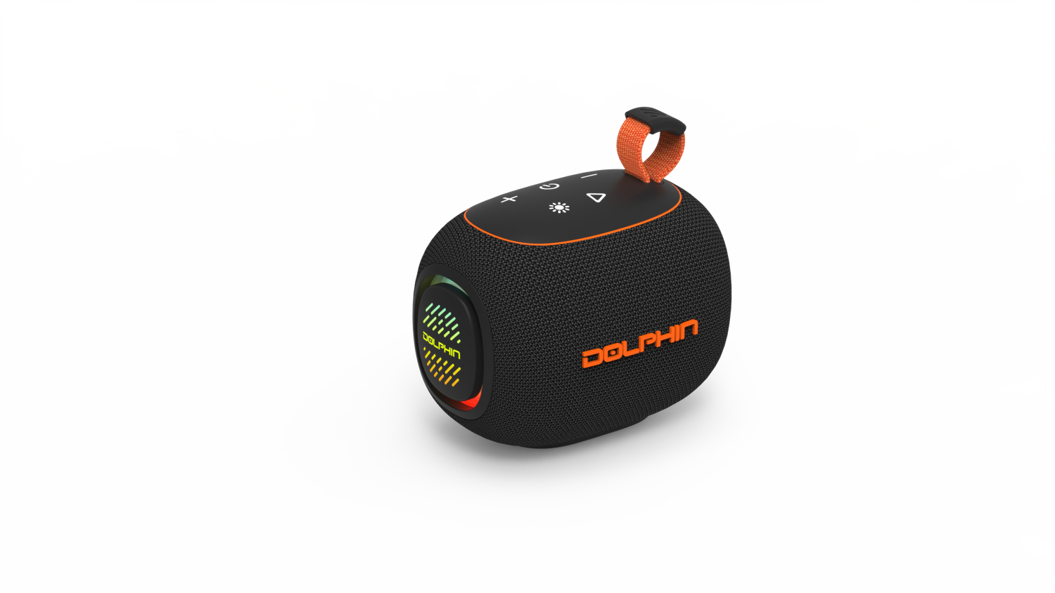 Black and orange portable speaker with 'Dolphin' branding on a white background