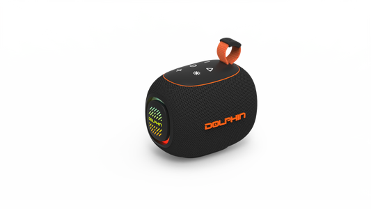 Black and orange Bluetooth speaker with 'Dolphin' branding on a white background