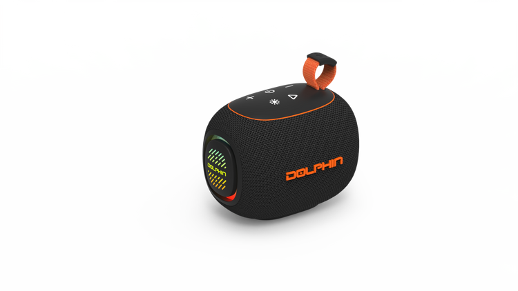 Black and orange portable speaker with 'Dolphin' branding on a white background