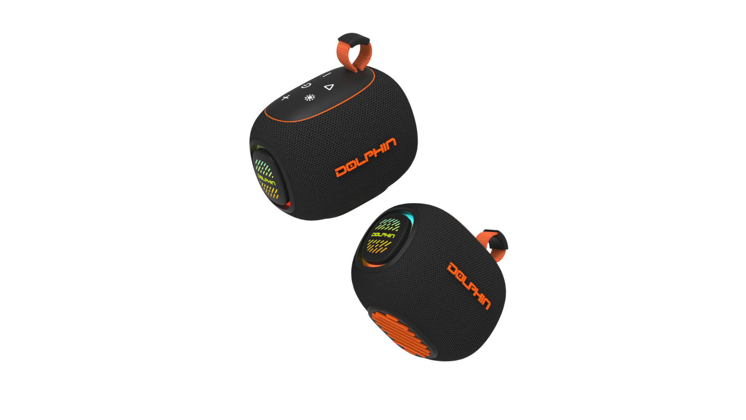 Two black and orange portable speakers with 'Dolby' branding on a white background