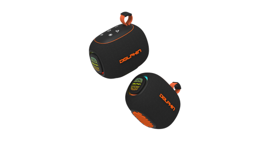 Black and orange Bluetooth speaker with 'Dolphin' branding on a white background