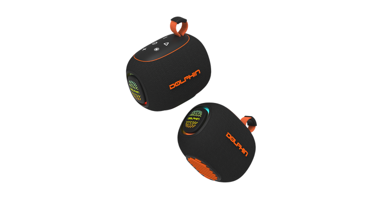 Two black and orange portable speakers with 'Dolby' branding on a white background
