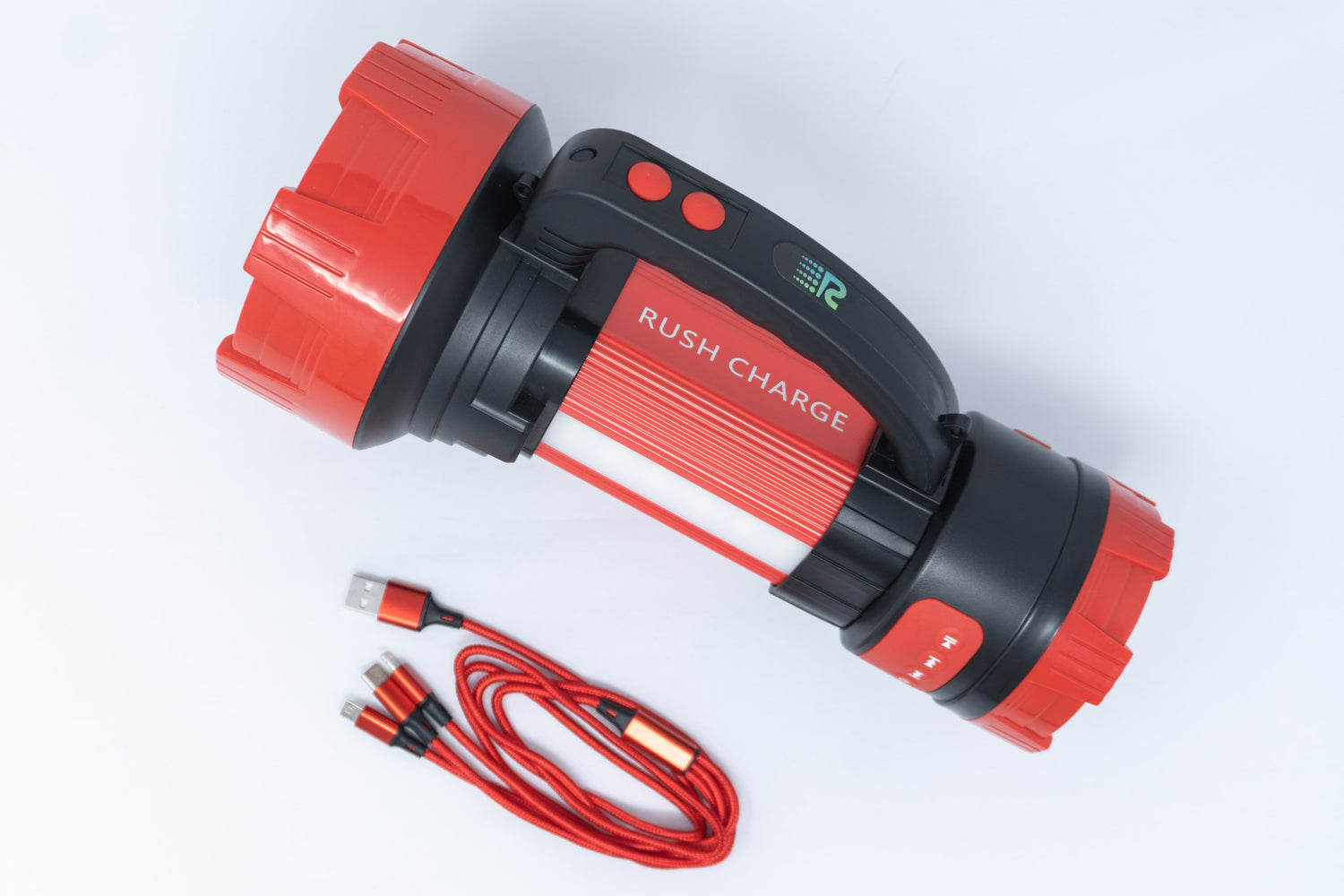 Red and black portable charger with USB cable on a white background