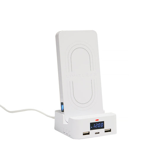 White electronic device with charging ports on a white background